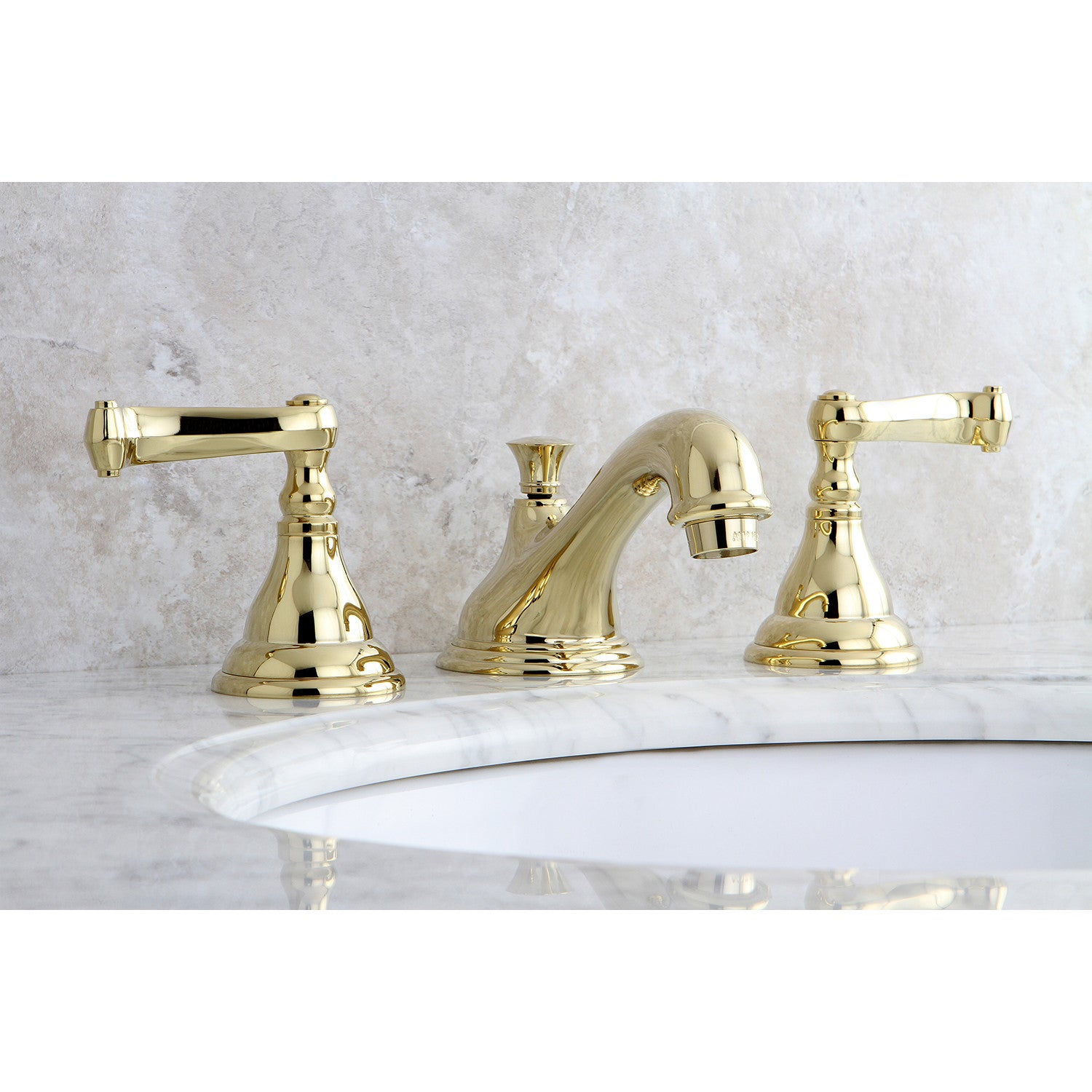 Kingston Tulare KS5562FL - Royale Two-Handle 3-Hole Deck Mount Widespread Bathroom Faucet with Brass Pop-Up, Polished Brass — thumbnail 2